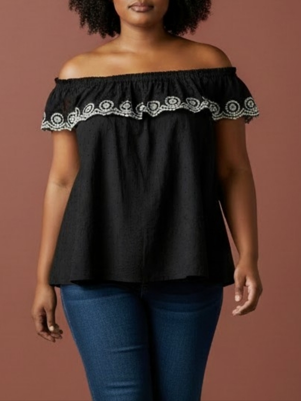 OLD NAVY Plus Size Black Ruffled Top with White Embroidery